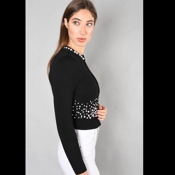 Nanette Lepore Carnival Pearl & Rhinestone Embellished Black Wool Cardigan US S - Picture 13 of 14